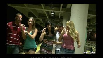 Three HOT sluts start orgy in public while waiting for the train